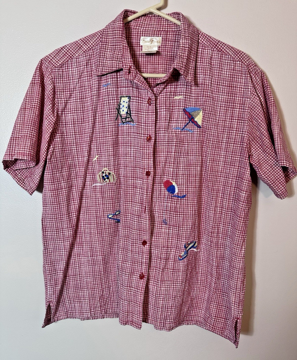 Vintage 90’s Bobbie Brooks Shirt Size XL Red Checkered Sailboat Beach Vacay Top